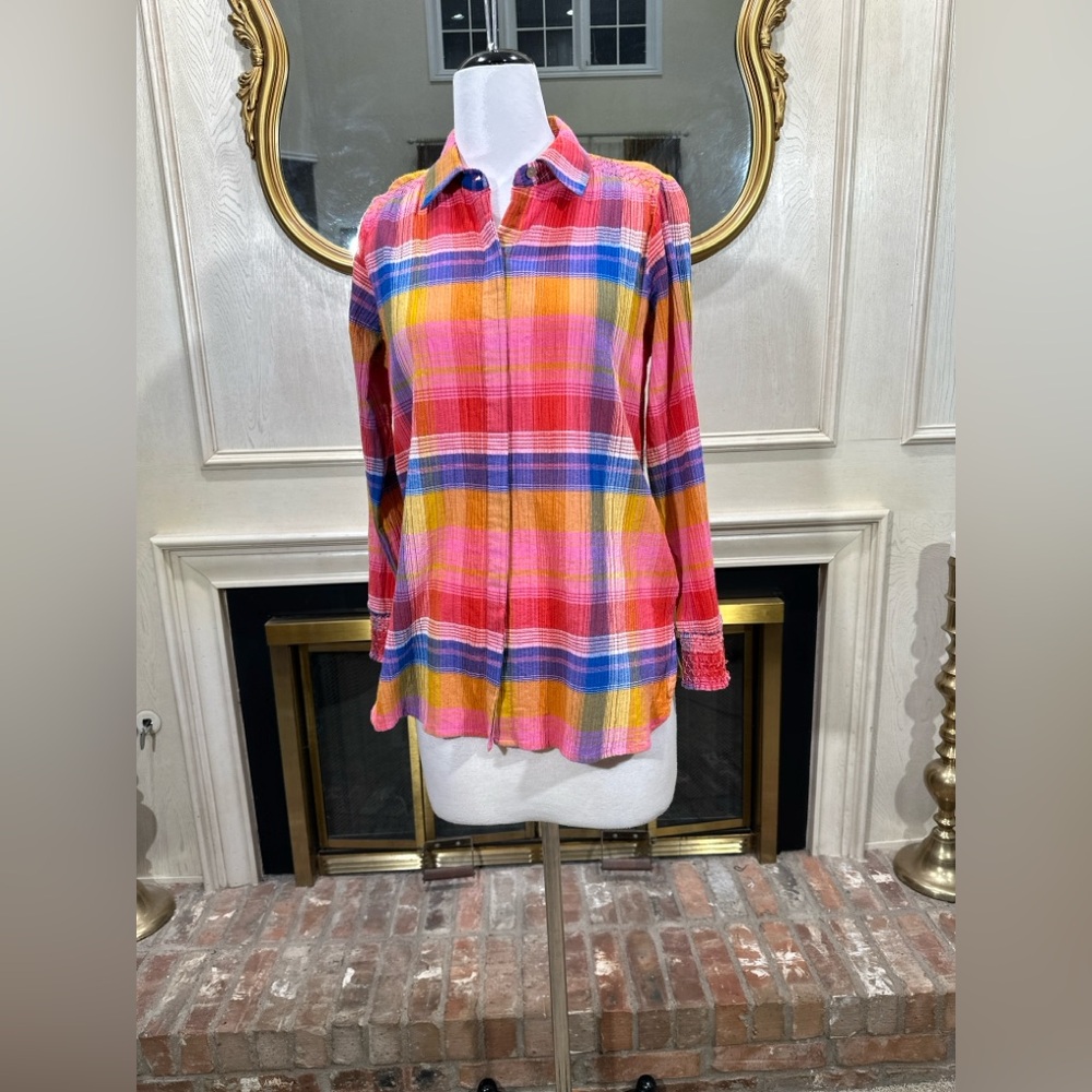 Soft Surroundings Sansonne Rainbow Plaid‎ Crinkle Blouse M - Picture 2 of 11